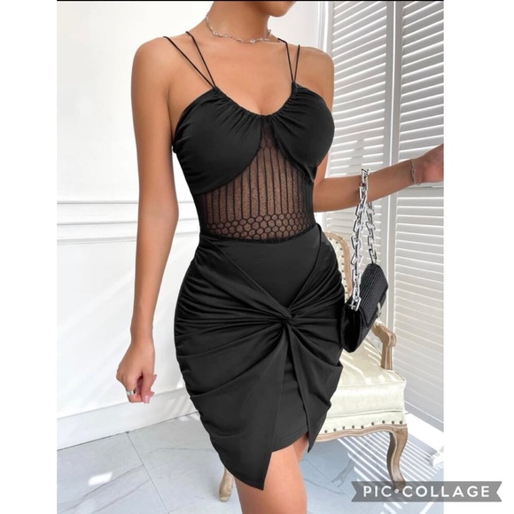 Black Evening Gala Party Criss Cross Sheer Dress Size Large - Picture 4 of 7